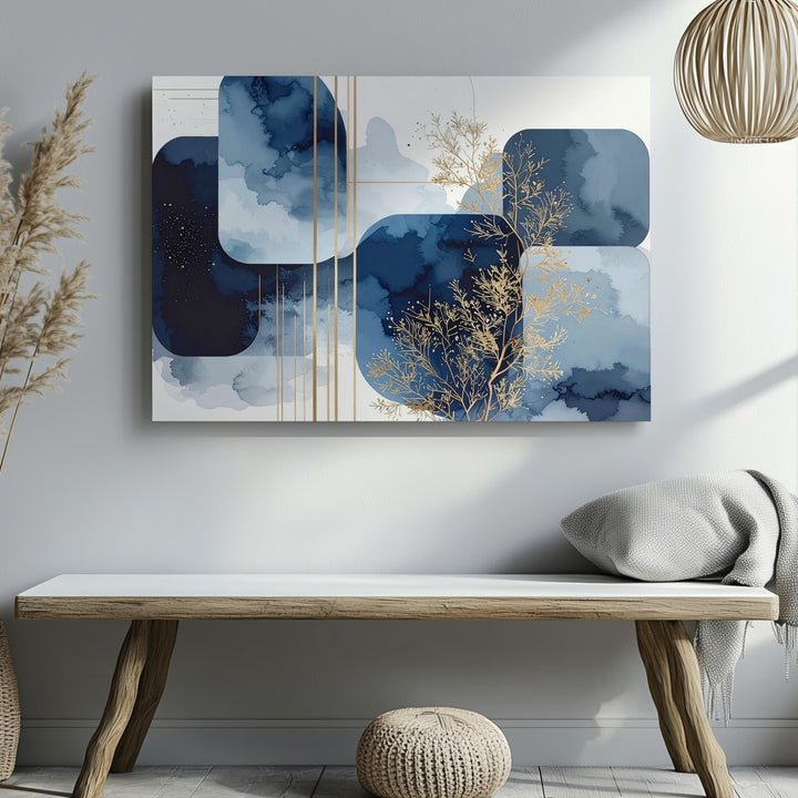 Celestial Geometry Abstract Canvas – Blue Indigo Shapes with Gold Botanical Art - Gifitto