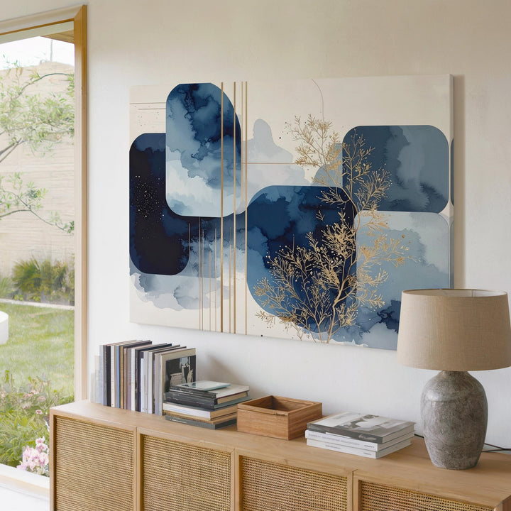 Celestial Geometry Abstract Canvas – Blue Indigo Shapes with Gold Botanical Art - Gifitto