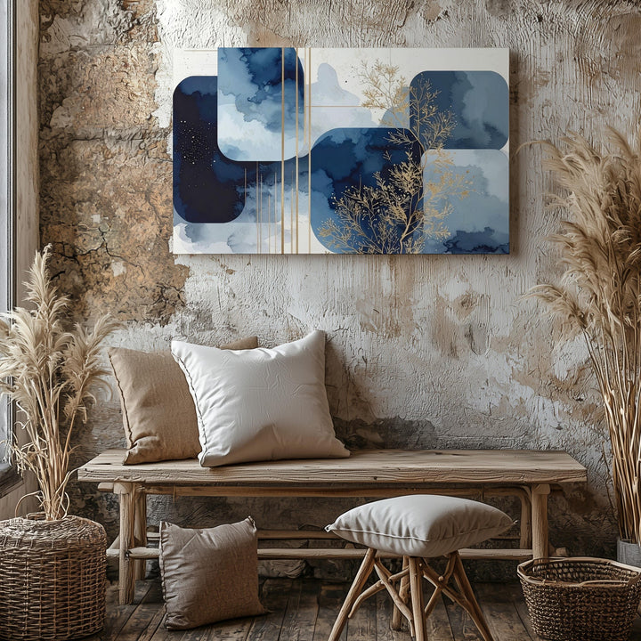 Celestial Geometry Abstract Canvas – Blue Indigo Shapes with Gold Botanical Art - Gifitto