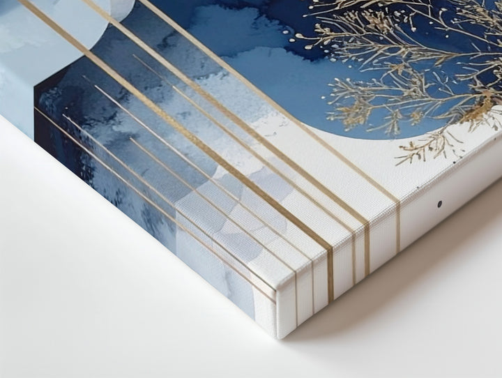 Celestial Geometry Abstract Canvas – Blue Indigo Shapes with Gold Botanical Art - Gifitto