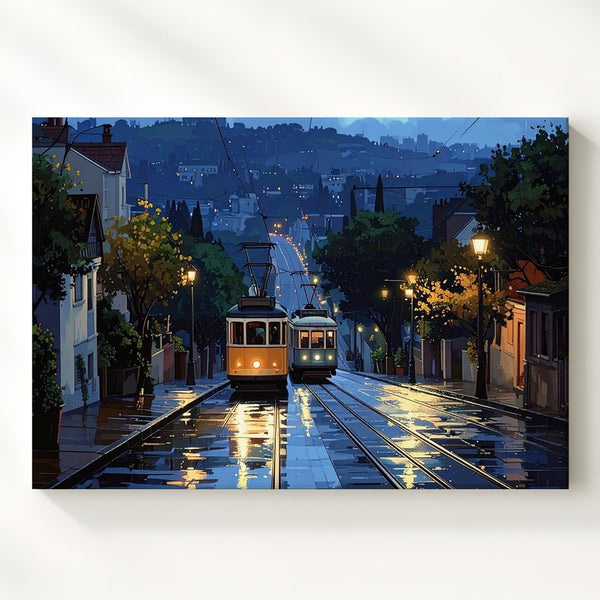 Rainy Tram Evening Canvas – Peaceful Urban Hillside Wall Art - Gifitto