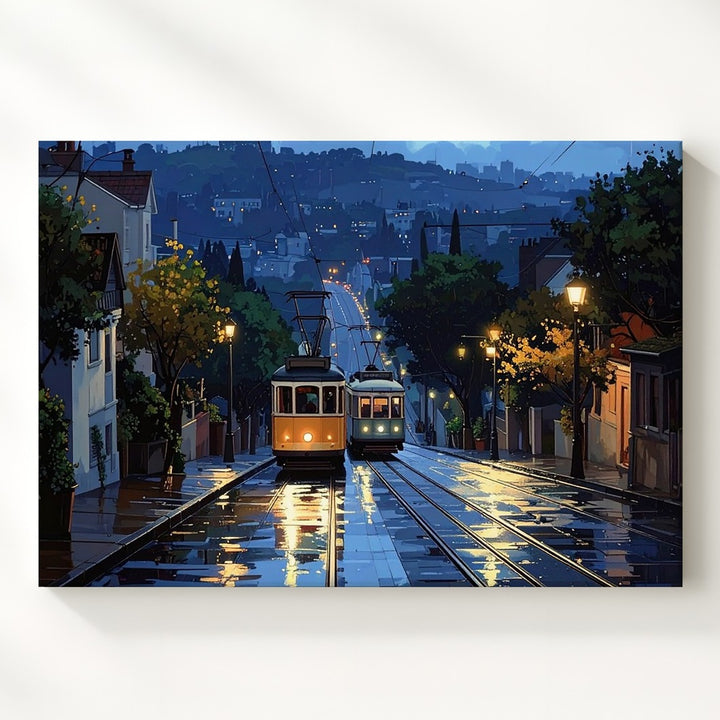 Rainy Tram Evening Canvas – Peaceful Urban Hillside Wall Art - Gifitto