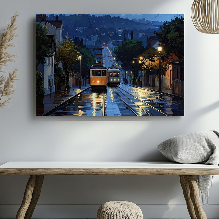 Rainy Tram Evening Canvas – Peaceful Urban Hillside Wall Art - Gifitto
