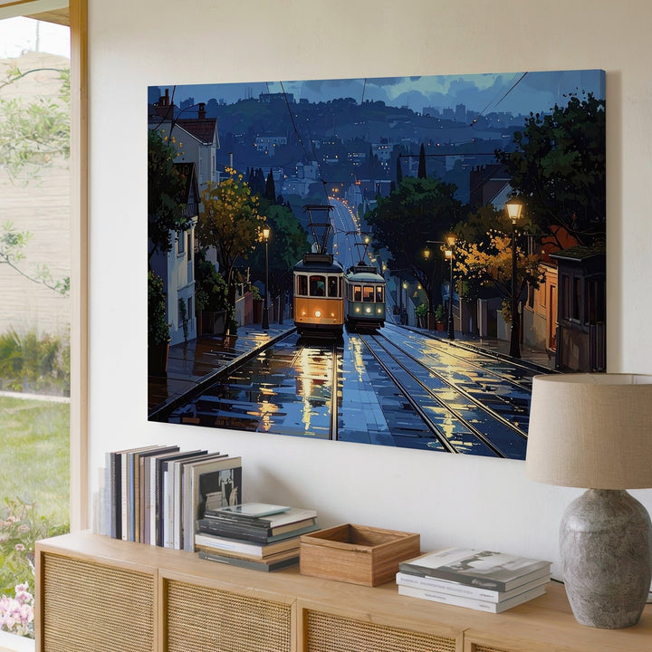 Rainy Tram Evening Canvas – Peaceful Urban Hillside Wall Art - Gifitto