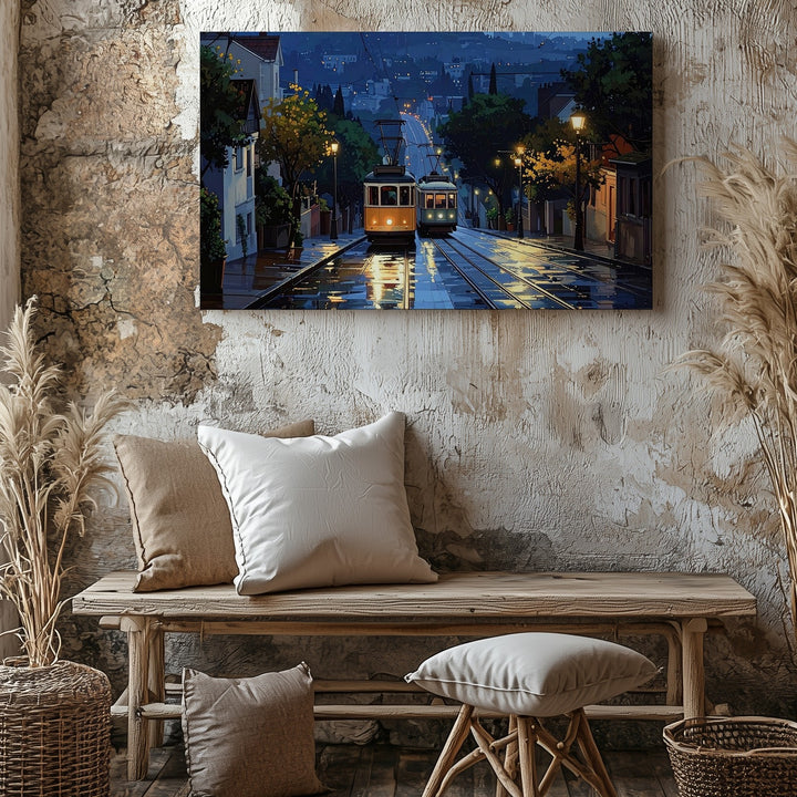 Rainy Tram Evening Canvas – Peaceful Urban Hillside Wall Art - Gifitto