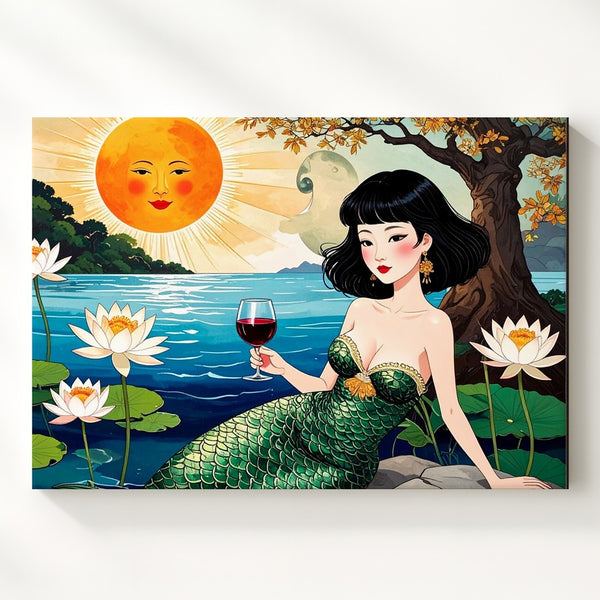 Lily Pond Mermaid Canvas – Whimsical Folk Art Fantasy Wall Decor - Gifitto