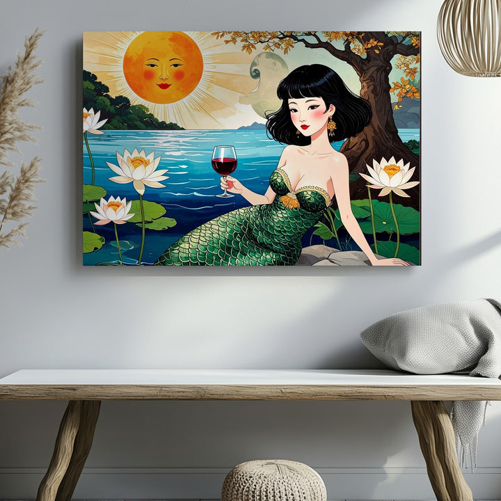 Lily Pond Mermaid Canvas – Whimsical Folk Art Fantasy Wall Decor - Gifitto