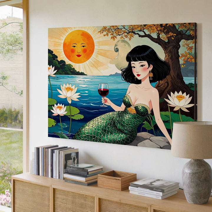 Lily Pond Mermaid Canvas – Whimsical Folk Art Fantasy Wall Decor - Gifitto