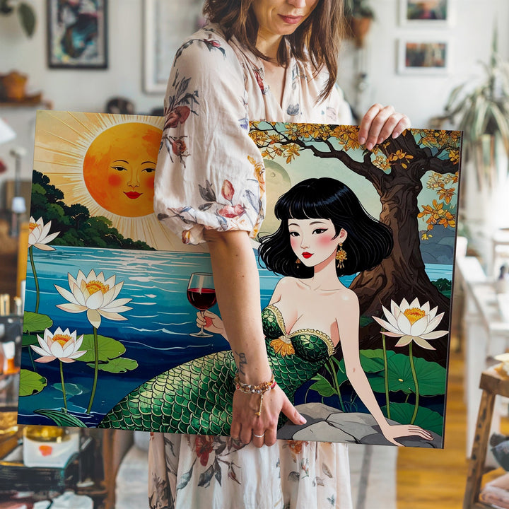 Lily Pond Mermaid Canvas – Whimsical Folk Art Fantasy Wall Decor - Gifitto