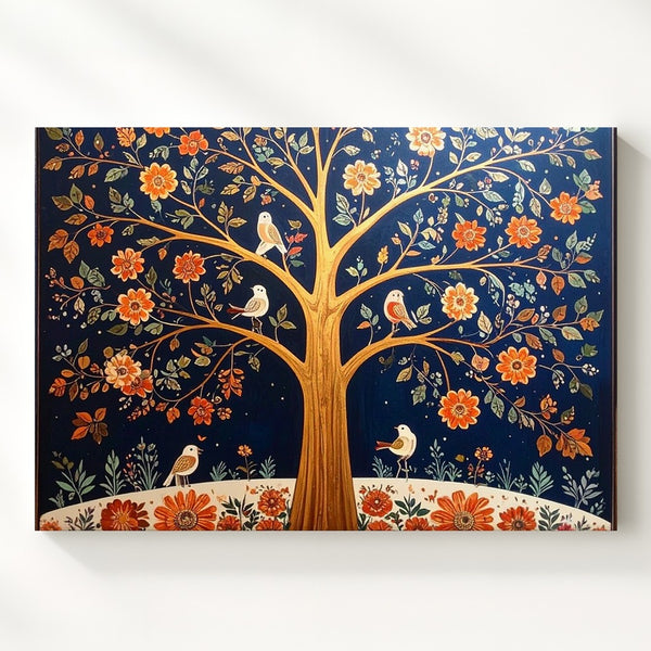 Golden Folk Tree Canvas – Symmetrical Bird & Blossom Wall Art - Gifitto