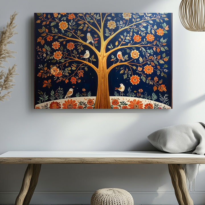 Golden Folk Tree Canvas – Symmetrical Bird & Blossom Wall Art - Gifitto