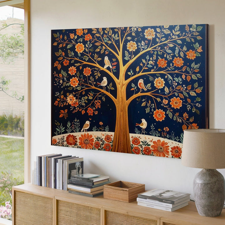 Golden Folk Tree Canvas – Symmetrical Bird & Blossom Wall Art - Gifitto