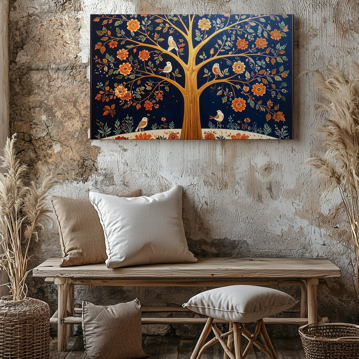 Golden Folk Tree Canvas – Symmetrical Bird & Blossom Wall Art - Gifitto