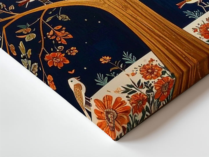 Golden Folk Tree Canvas – Symmetrical Bird & Blossom Wall Art - Gifitto