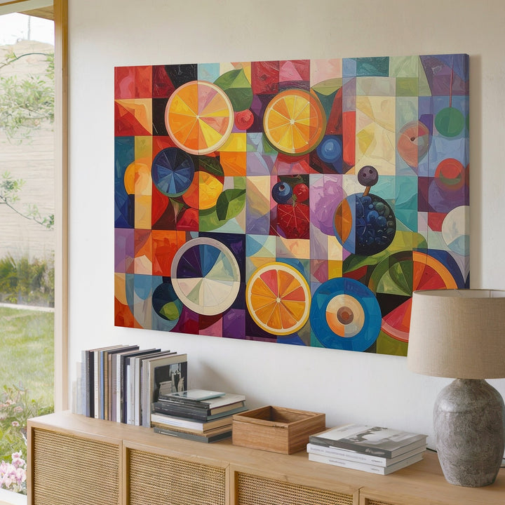 Geometric Fruit Harmony Canvas – Mid-Century Abstract with Citrus Motifs - Gifitto
