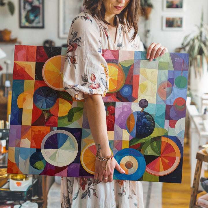 Geometric Fruit Harmony Canvas – Mid-Century Abstract with Citrus Motifs - Gifitto
