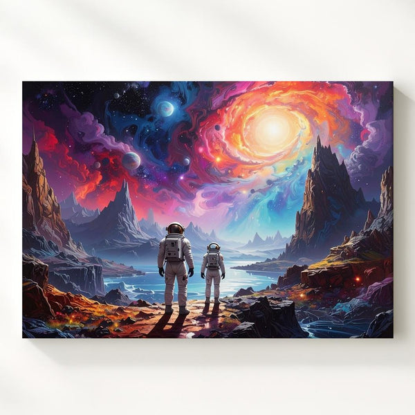 Cosmic Exploration Canvas – Two Explorers and Vibrant Nebula Landscape - Gifitto