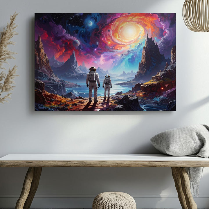 Cosmic Exploration Canvas – Two Explorers and Vibrant Nebula Landscape - Gifitto