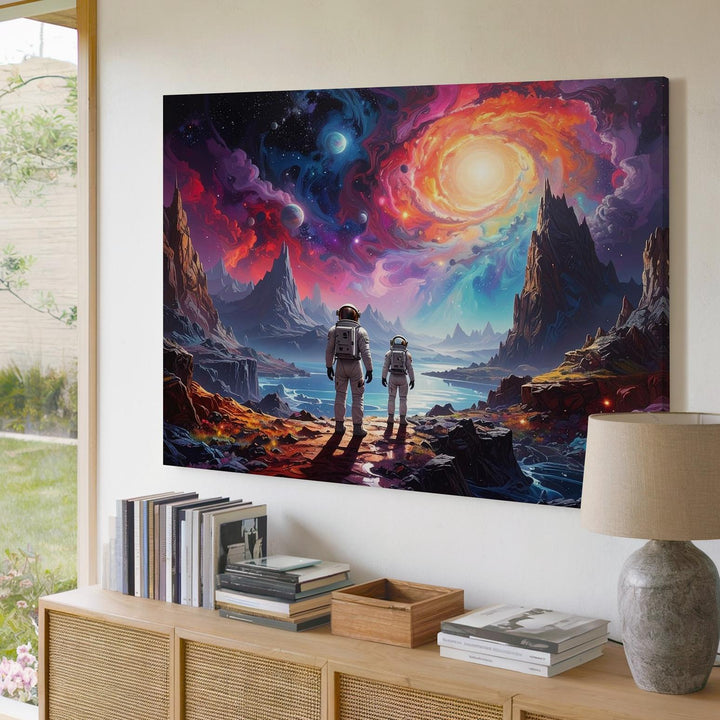 Cosmic Exploration Canvas – Two Explorers and Vibrant Nebula Landscape - Gifitto