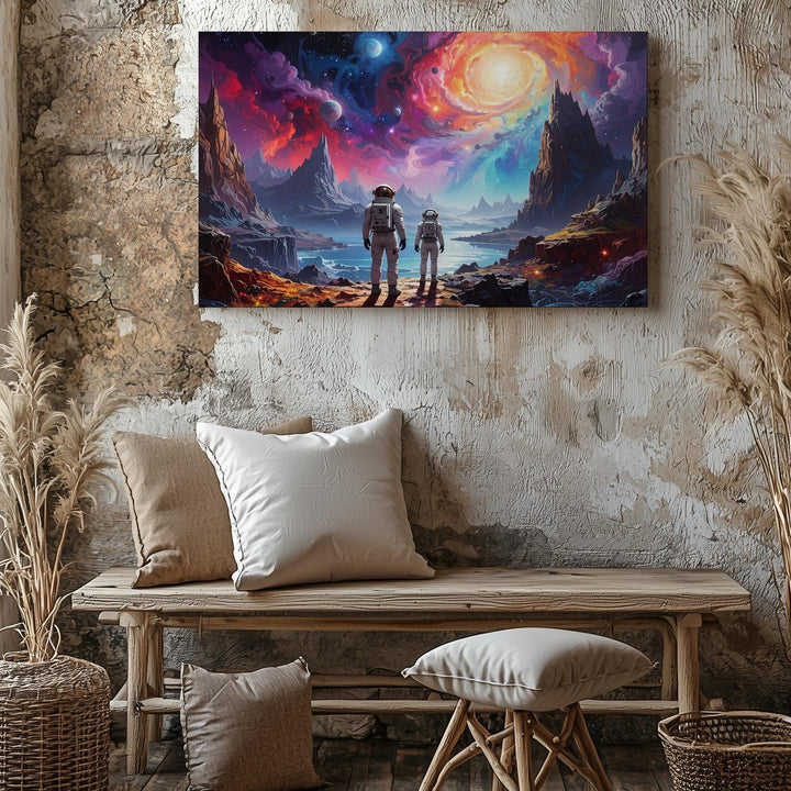 Cosmic Exploration Canvas – Two Explorers and Vibrant Nebula Landscape - Gifitto