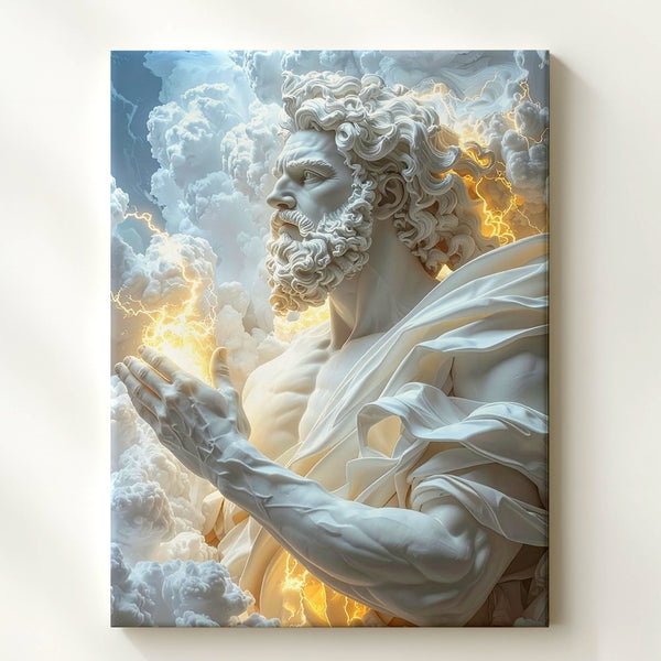 Zeus Divine Power Canvas – Glowing Digital Sculpture with Lightning and Clouds - Gifitto