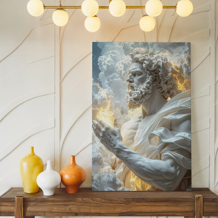 Zeus Divine Power Canvas – Glowing Digital Sculpture with Lightning and Clouds - Gifitto