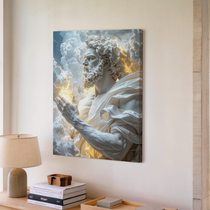 Zeus Divine Power Canvas – Glowing Digital Sculpture with Lightning and Clouds - Gifitto