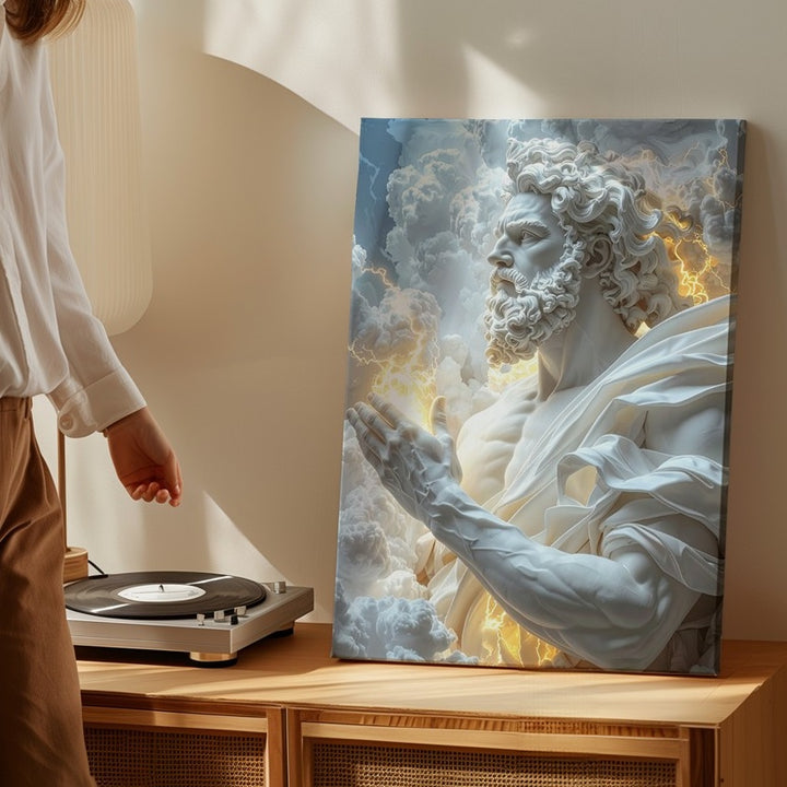Zeus Divine Power Canvas – Glowing Digital Sculpture with Lightning and Clouds - Gifitto