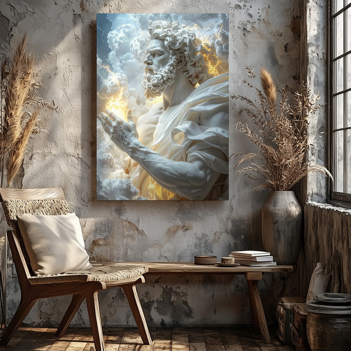 Zeus Divine Power Canvas – Glowing Digital Sculpture with Lightning and Clouds - Gifitto