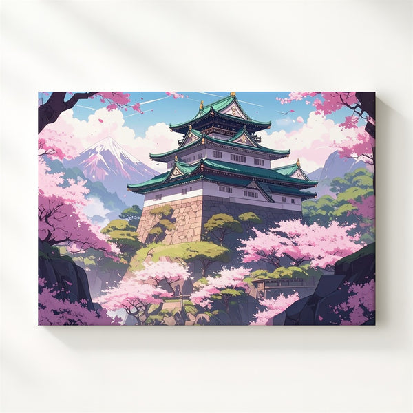 Sakura Castle Canvas – Stylized Japanese Spring Scene with Cherry Blossoms - Gifitto