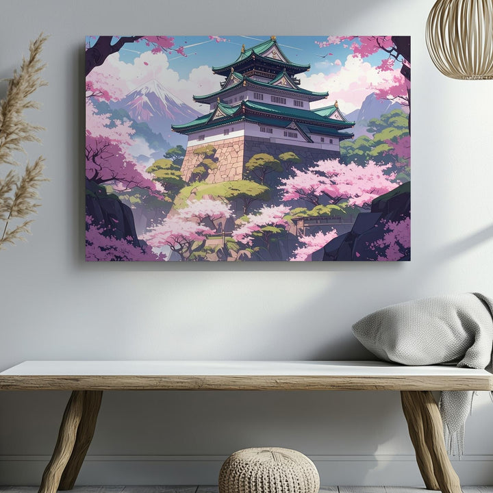 Sakura Castle Canvas – Stylized Japanese Spring Scene with Cherry Blossoms - Gifitto