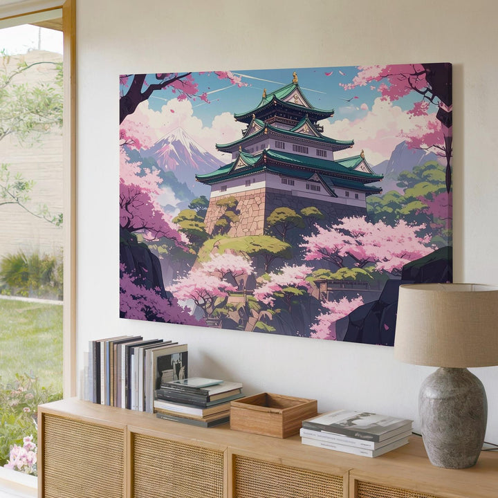 Sakura Castle Canvas – Stylized Japanese Spring Scene with Cherry Blossoms - Gifitto