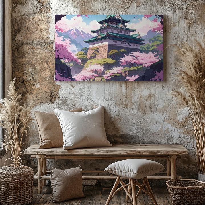 Sakura Castle Canvas – Stylized Japanese Spring Scene with Cherry Blossoms - Gifitto