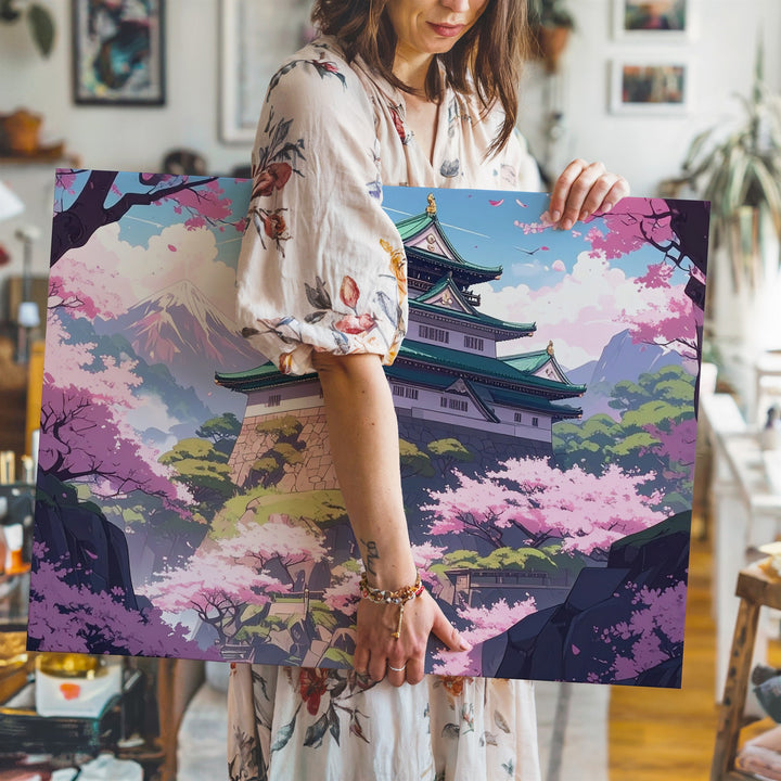 Sakura Castle Canvas – Stylized Japanese Spring Scene with Cherry Blossoms - Gifitto