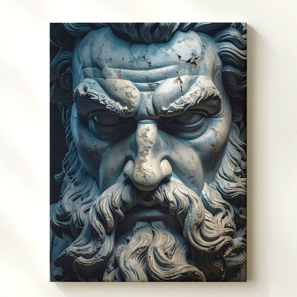 Stone Zeus Bust Canvas – Hyper-Realistic Close-Up with Weathered Features - Gifitto