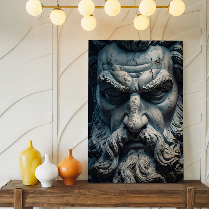 Stone Zeus Bust Canvas – Hyper-Realistic Close-Up with Weathered Features - Gifitto