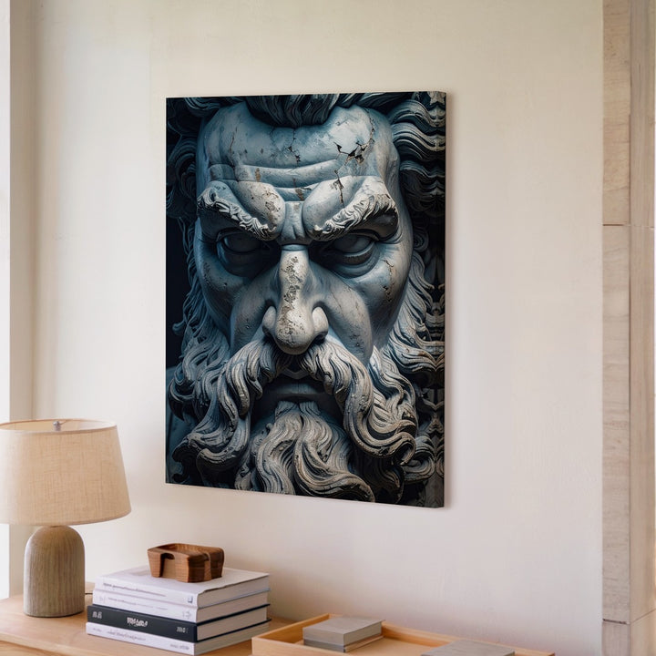 Stone Zeus Bust Canvas – Hyper-Realistic Close-Up with Weathered Features - Gifitto
