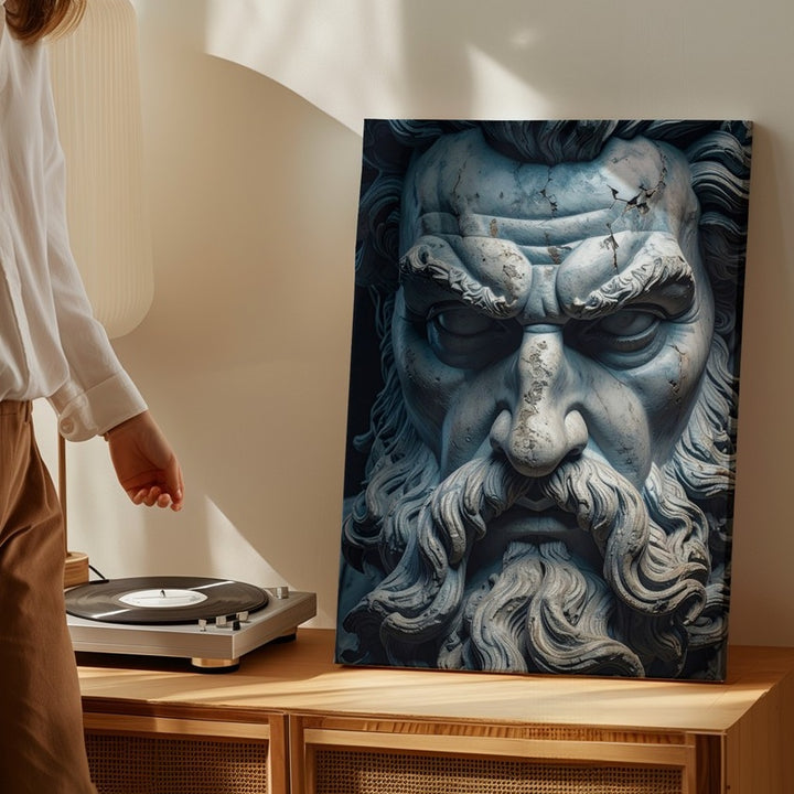 Stone Zeus Bust Canvas – Hyper-Realistic Close-Up with Weathered Features - Gifitto