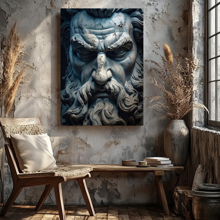 Stone Zeus Bust Canvas – Hyper-Realistic Close-Up with Weathered Features - Gifitto