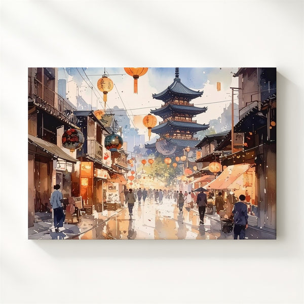 Golden Lantern Street Canvas – Mirrored Watercolor Japanese Festival Scene - Gifitto