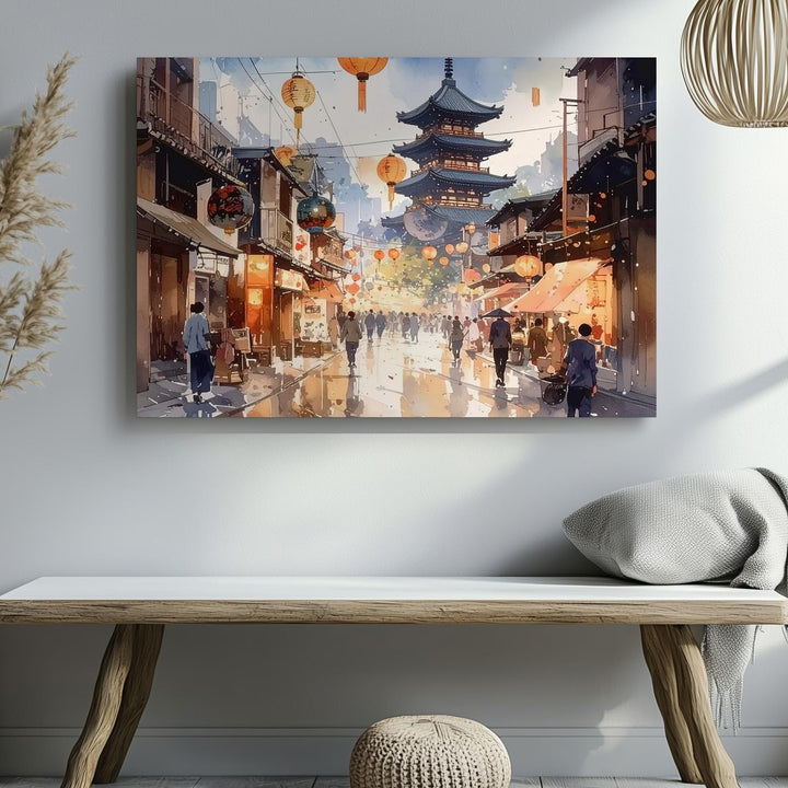 Golden Lantern Street Canvas – Mirrored Watercolor Japanese Festival Scene - Gifitto