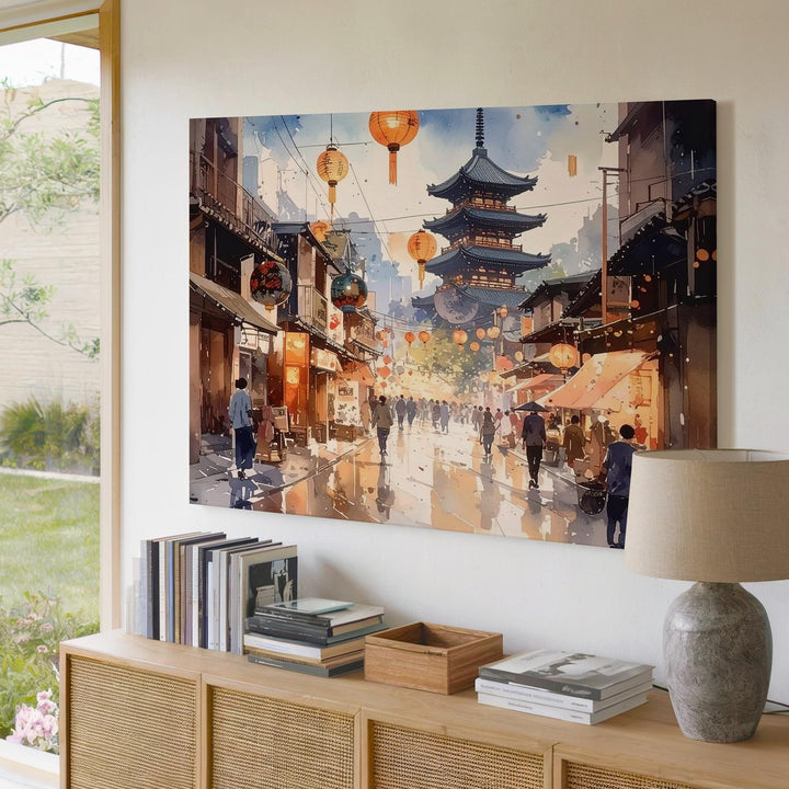 Golden Lantern Street Canvas – Mirrored Watercolor Japanese Festival Scene - Gifitto