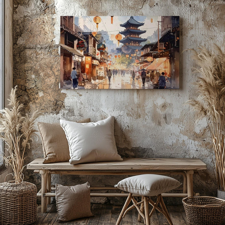 Golden Lantern Street Canvas – Mirrored Watercolor Japanese Festival Scene - Gifitto