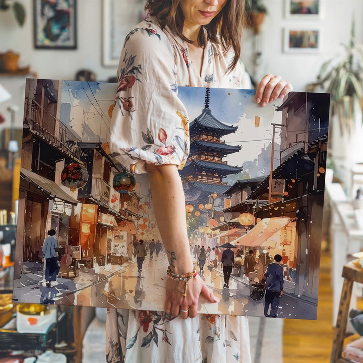 Golden Lantern Street Canvas – Mirrored Watercolor Japanese Festival Scene - Gifitto