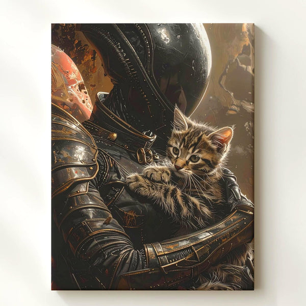 Alien Protector Canvas – Humanoid Alien in Armor with Small Kitten - Gifitto