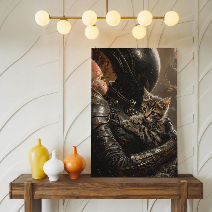 Alien Protector Canvas – Humanoid Alien in Armor with Small Kitten - Gifitto