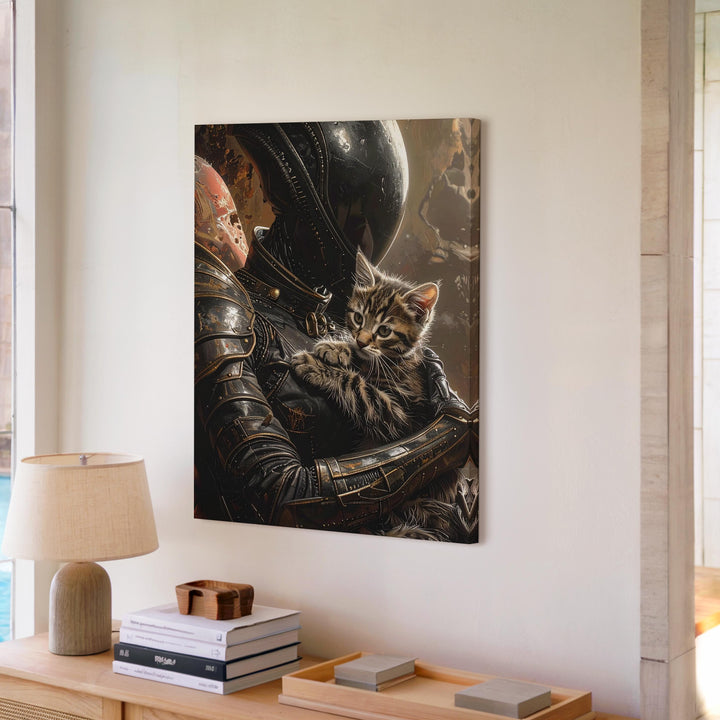 Alien Protector Canvas – Humanoid Alien in Armor with Small Kitten - Gifitto