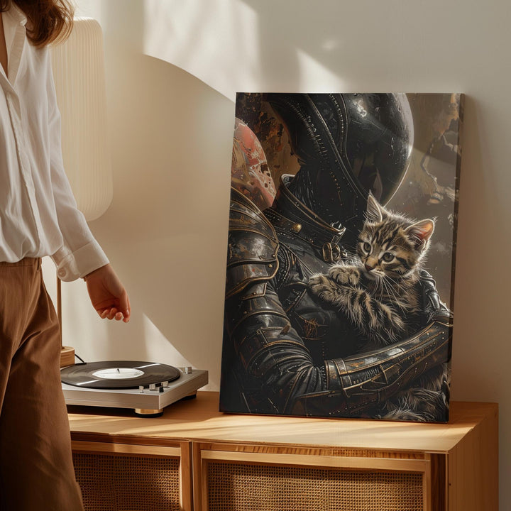 Alien Protector Canvas – Humanoid Alien in Armor with Small Kitten - Gifitto