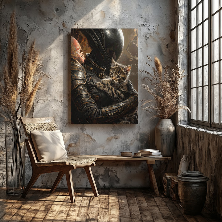 Alien Protector Canvas – Humanoid Alien in Armor with Small Kitten - Gifitto