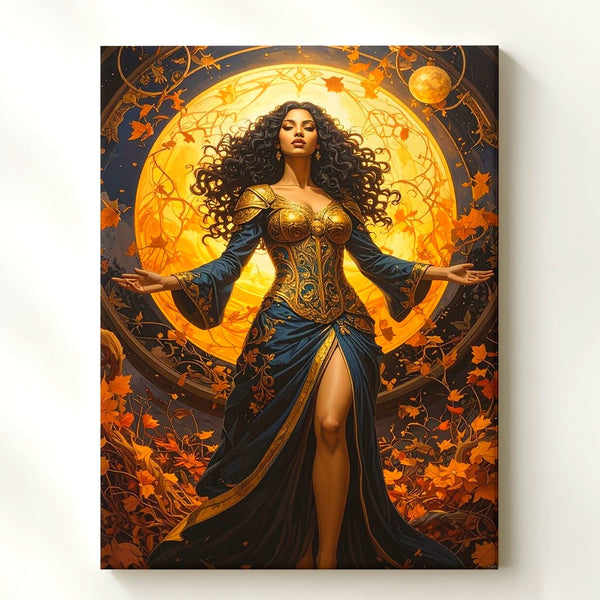 Autumn Sorceress Canvas – Fantasy Woman with Golden Orb and Swirling Leaves - Gifitto